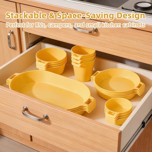 Dinnerware Set for 4, 21-Piece Unbreakable Plates and Bowls Set with Mesh Bag, Cups, Sauce Dishes and Serving Platters, Lightweight Outdoor Dish Set for Picnic, RV, Patio, BBQ, Mustard Yellow - color: Mustard Yellow