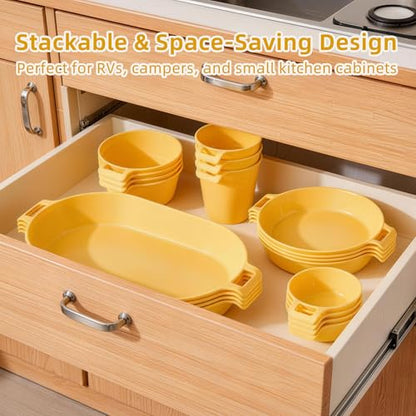 Dinnerware Set for 4, 21-Piece Unbreakable Plates and Bowls Set with Mesh Bag, Cups, Sauce Dishes and Serving Platters, Lightweight Outdoor Dish Set for Picnic, RV, Patio, BBQ, Mustard Yellow - color: Mustard Yellow