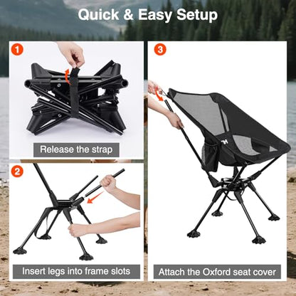 Trakiom 360° Swivel Folding Camping Chairs, Compact and Portable Chair for Outdoor Camp, Foldable Chairs with Anti-Sinking Large Feet for Travel, Beach, Picnic, Sports, Fishing Support 300 LBS(Black)
