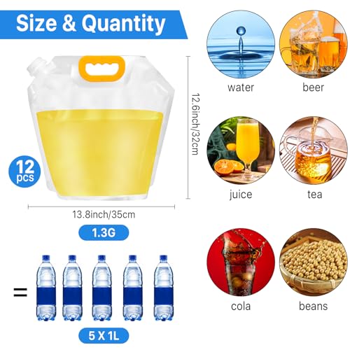 12 Pack Collapsible Water Container Bag 1.3 Gallon Emergency Foldable Water Container BPA Free Food Grade Plastic Storage Jug Freezable Water Bottle for Camping Hiking Riding Backpack