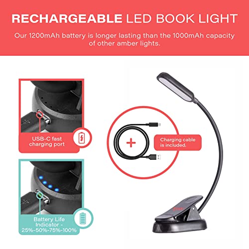 hooga Amber Book Light – Blue Light Blocking Reading Light for Bed, Stepless Dimming, Rechargeable Clip-On Night Light, 1600K Amber & 625nm Red LED for Night Reading - color: Dual Red & Amber