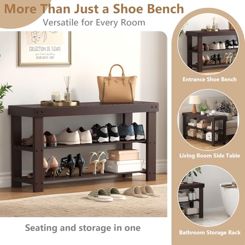 Sweetcrispy Shoe Rack Bench, 3-Tier Bamboo Entryway Storage Organizer, 286lb Capacity, Shoes Stand for FrontDoor Entrance, Bedroom, Living Room, Bathroom, Balcony, 35 Inches Length, Brown