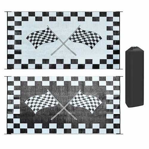 EEZ RV Products 9ft x 12ft Heavy Duty Reversible/Durable Outdoor Patio/RVing Camping Mats Come with Large Storage Bag & 6 Sets of Stakes and Washer, Black & White Checker Flag - color: Black and White Checker Flag, size: 9' x 12'