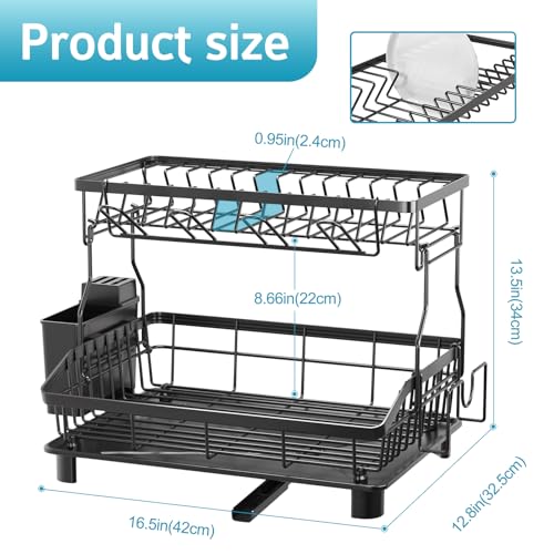 Dish Drying Rack - 2 Tier Large Capacity Dish Rack- Dish Racks for Kitchen Counter with Drainboard, Rustproof Dish Drainer with Removable Utensil Holder,Cutting Board Holder,Cup Holder, Black - color: 2 Tier-black