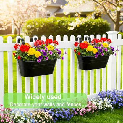 10.6 Inch 3 Pack Long Slot Wrought Iron Hanging Flower Pots Small Metal Hanging Flower Basket with Removable Hooks and Drainage Holes Suitable for Porch Railing Balcony Fence Garden (HS)