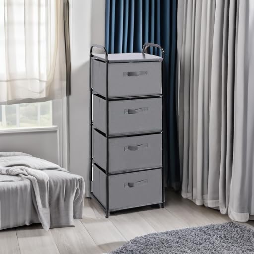 MAX Houser 4 Drawer Fabric Dresser Tall Storage Tower, Dresser Chest with Wood Top, Vertical Nightstand Side Organizer Unit with Metal Frame for Closets Bedroom Nursery Room Hallway(Leaden) | , Dresser Chest with Wood Top, Vertical Nightstand Side Organiz