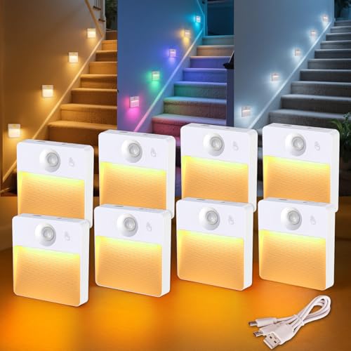 Guankai 8 Pack Rechargeable Motion Sensor Stair Light for Indoor, RGBW Battery Operated Closet Lights, Stick On Night Lamp, Motion Activated Magnetic Lighting Lamps for Step,Cabinet,Hallway,Bathroom - color: White, size: 8 Pack