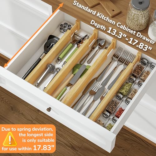 BAMEOS Bamboo Expandable Drawer Dividers – Fits 13.3"–19" Drawers, 2" High, Set of 4 | Spring-Loaded Bamboo Separator for Kitchen Island, Bathroom Vanity & Dresser Drawers - size: 2''H, 13.3''-19''L