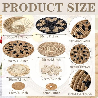 11 Pcs Boho Hanging Wall Basket Decor Handmade Woven Basket Wall Decorative Boho Wicker Baskets Placemats Round Farmhouse Bulrush Art for Rustic Home Decorations Christmas Gift(Rustic) - style: Rustic