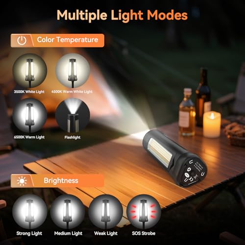 Dimgogo15000mAh Rechargeable Camping Light, Portable LED Work Light | Standing Light with 7ft Max Height, 5500 Lumen 6500/4500/3500K Dimmable Emergency Flashlight , Detachable Tripod, Black - color: Black