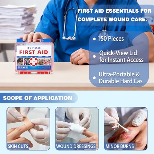 Mini First Aid Kit - 150 Pieces Emergency Medical Kit for Home, Car, Travel, Camping, Truck, Hiking, Sports, Office, Vehicle & Outdoor Emergencies - color: Red