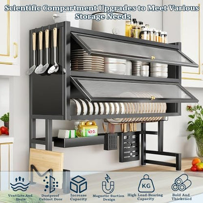 4-Tier Dish Drying Rack with Cover – Above Sink Kitchen Storage Rack, Large Space-Saving Shelf for Dishes, Glasses, Bowls & Cutlery, Black (W-40'') - size: W-41''