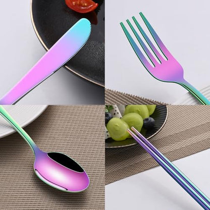 Rainbow Working Lunch Silveware Set,Reusable Travel Utensils Set With Case Includes Stainless Steel Chopsticks Knife Spoon And Fork,Camping Picnic Essentials - color: Rainbow