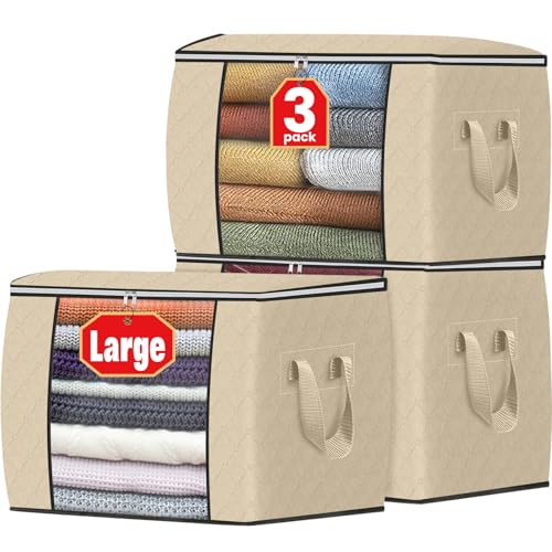Fab totes 24 Gallons Clothes Storage, Foldable Thick Fabric Blanket Storage Bags, Containers for Organizing Bedroom, Closet, Clothing, Comforter, Organization with Handle (3 Pack,Beige) - color: Beige, size: 3 Pack-90l