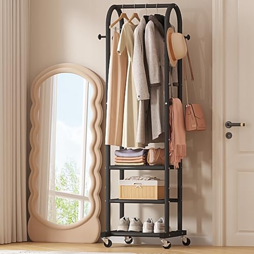 Dttwacoyh Metal Clothing Rack with Wheels and Hanging Hooks,Narrow Coat and Shoe Rack,Small Hall Tree,for Small Space, Bedroom, entryway, Walk-in Closet, Laundry Room– Black - color: Black