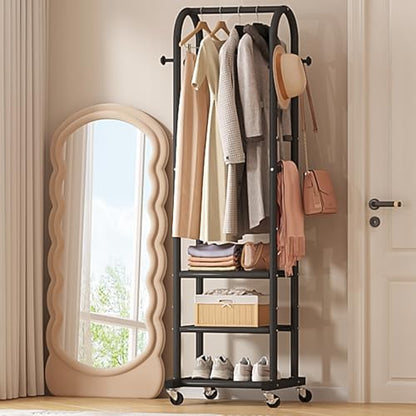 Dttwacoyh Metal Clothing Rack with Wheels and Hanging Hooks,Narrow Coat and Shoe Rack,Small Hall Tree,for Small Space, Bedroom, entryway, Walk-in Closet, Laundry Room– Black - color: Black