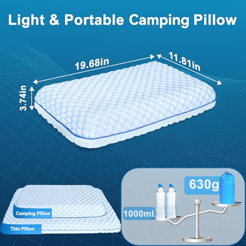 Camping Pillow with Memory Foam-Compressible Medium Firm, Ultralight Cooling Travel Pillow, Outdoor Pillows Ideal for Backpacking, Hiking, Camping, Airplane,Car, Small Beach Pillow with Washable Cover - size: Small Camping Pillow