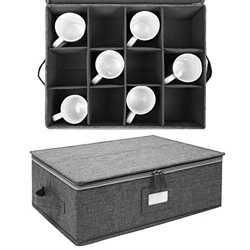 popoly Mug Storage Box with dividers, China Coffee Cup Storage Containers with Zipper Lid and Rivet Reinforced Handles, Holds 12 Coffee Mugs and Tea Cups, Structured Top and Stackable (Grey) - size: 1 Pack