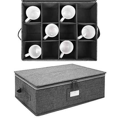 popoly Mug Storage Box with dividers, China Coffee Cup Storage Containers with Zipper Lid and Rivet Reinforced Handles, Holds 12 Coffee Mugs and Tea Cups, Structured Top and Stackable (Grey) - size: 1 Pack