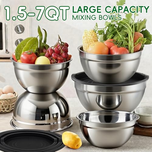 WEPSEN Mixing Bowls Set, 25PCS Stainless Steel Mixing Bowl with Lid Set, Large Nesting Bowls 7, 4.5, 3,2, 1.5QT, Measuring Cups and Spoons Baking Utensils Metal Bowl for Kitchen Prep - color: Black Bowls Set