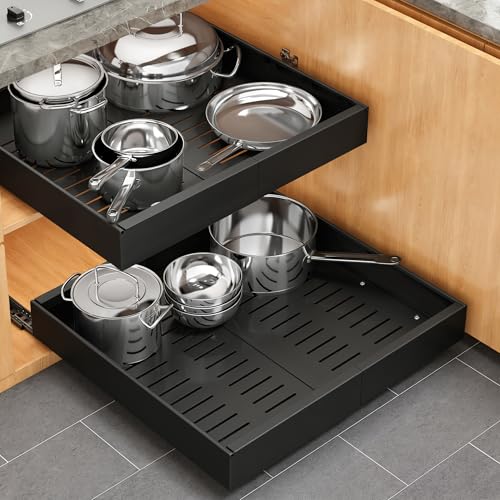 Pull out Cabinet Organizer, 1 pack, 16.5" Deep Heavy Slide out Drawers, Upgrade Three Triple-Slide Rail Systems, Expandable 12.8"-20.8" Roll out Shelf Storage for Kitchen Base Cabinet Organization - color: Black, size: 16.5"D×12.8"-20.8"W(1 Pack)