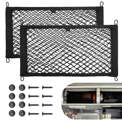 RED WOLF 2 Pcs Small Cargo Net Pocket Elastic Mesh Netting Car Mesh Pouch for Trunk RV Boats Home Cargo Storage with Screws and Hooks (17.7'' x 9.8'') - size: 17.7'' x 9.8''