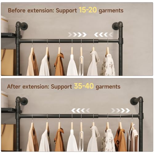 T3 Closet System with Stepless Dimmable LED Light, Industrial Pipe Clothing Rack with 4 Drawers, 6 Wooden Shelves & 4 Telescopic Rods, Heavy Duty Closet Organizers in Wardrobe Closet (Black) - color: Black