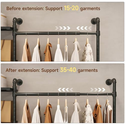 T3 Closet System with Stepless Dimmable LED Light, Industrial Pipe Clothing Rack with 4 Drawers, 6 Wooden Shelves & 4 Telescopic Rods, Heavy Duty Closet Organizers in Wardrobe Closet (Black) - color: Black