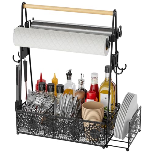 EKNITEY Camping Utensil Grill Holder: BBQ Condiment Griddle Kitchen Organizer With Handle - Caddy Storage For Travel Picnic - color: Wood and black