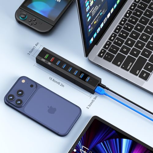 Powered USB 3.0 Hub, RAOYI 8 Ports High Speed USB 3.0 Hub Splitter with 36W Power Adapter, 3.3ft Cable and Smart Fast Charger USB Hub for for Laptop, PC, Mac, Mobile HDD, Mulitple Devices (Black) - size: Black, style: 8-Port 36W Rectangle
