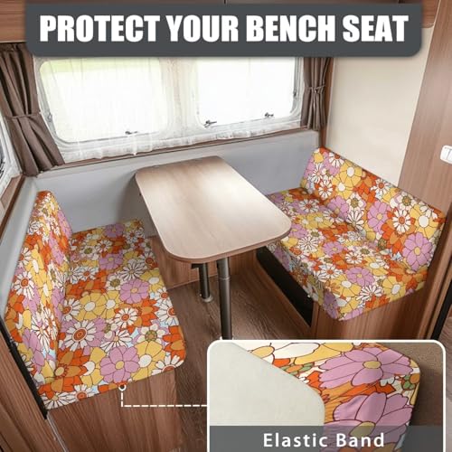 70S 80S Groovy Hippie Daisy Pattern RV Dinette Cushion Slipcovers Stretch Camper Booth Seats Replacement Cover RV Sofa Furniture Protector-Bench & Backrest Covers, 2 Sets - color: 70s 80s Groovy Hippie Daisy