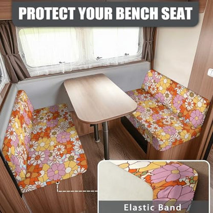 70S 80S Groovy Hippie Daisy Pattern RV Dinette Cushion Slipcovers Stretch Camper Booth Seats Replacement Cover RV Sofa Furniture Protector-Bench & Backrest Covers, 2 Sets - color: 70s 80s Groovy Hippie Daisy