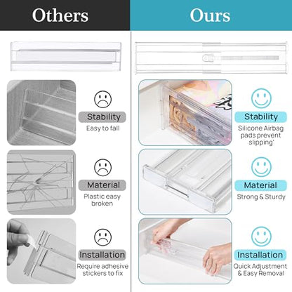 Vtopmart 4 Pack 4" Regular Upgrade Drawer Dividers for Clothes, 12.8"-22.3" Expandable Dresser Drawer Organizer, Clear Plastic Separators for Dresser, Baby Clothing, Underwear, Cosmetic, Toiletries - size: Regular-4" without Inserts