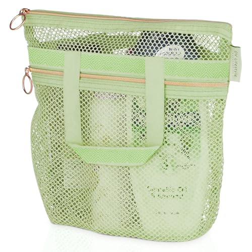 DV Lifestyle Mesh Shower Bag 10.2x9.9'' Quick-Dry Caddy with Zipper & 2 Pockets. Portable Toiletry Tote for Bathroom, Gym, Travel, Camp, Beach, for Sunscreen, Dorm & College Essentials (Light Green) - color: Light Green, size: Small