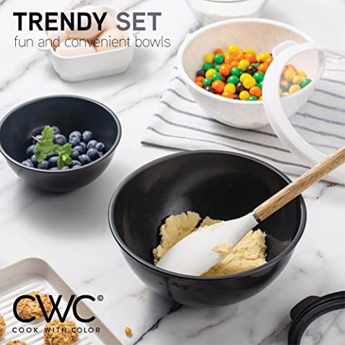 COOK WITH COLOR Mixing Bowls with TPR Lids - 12 Piece Plastic Nesting Bowls Set includes 6 Prep Bowls and 6 Lids, Microwave Safe Mixing Bowl Set (Black and White) - color: Black and White TPR Lids