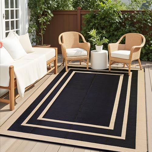 OLANLY Outdoor Rug 9x12 ft Waterproof, Reversible Outdoor Plastic Straw Rug, RV Mat, Indoor Outdoor Carpet Clearance for Patio, Camping, Balcony, Deck, Backyard, Black & Beige - color: Black & Beige, size: 9' X 12' (Rectangular)