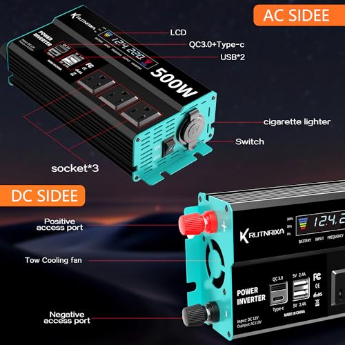 500W Power Inverters Peak 1000W 12V DC to 110V AC Converter for Vehicles USB-C/PD 25W Fast Charging Ports Car Charger Adapter with a Cigarette Lighter Ports Plug Outlet - size: Modified sine wave-500W
