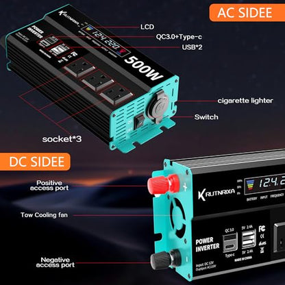 500W Power Inverters Peak 1000W 12V DC to 110V AC Converter for Vehicles USB-C/PD 25W Fast Charging Ports Car Charger Adapter with a Cigarette Lighter Ports Plug Outlet - size: Modified sine wave-500W