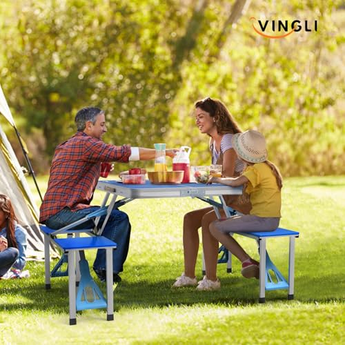 VINGLI 4Ft Portable Folding Picnic Table Camping Table Foldable Set with 4 Seats with Umbrella Hole Suitcase Card Table-220 Lbs Support Aluminum Frame, Plastic RV Tabletop for Yard, Travel-Green - color: Blue