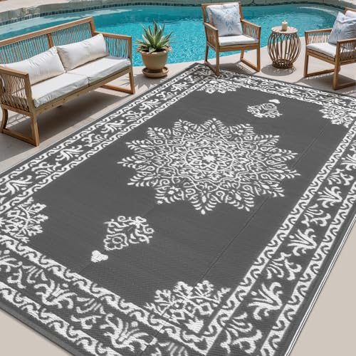 Yamaziot Outdoor Rug 9x12 Ft, Waterproof Plastic Straw Patio Rug, Reversible Backyard Carpet UV Resistant Portable RV Mat Clearance, Large Indoor Outdoor Rug for Patio, Porch, Deck, Balcony, Dark Gray - color: Grey, size: 9' x 12'