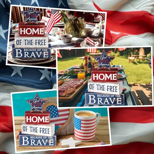 Huquary 4 Pcs 4th of July Decorations Patriotic Memorial Day Table Sign Independence Day Table Wood Decorations Red White Blue Block for Office Tiered Tray Home Shelf 250th Anniversary(Retro Star)