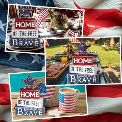 Huquary 4 Pcs 4th of July Decorations Patriotic Memorial Day Table Sign Independence Day Table Wood Decorations Red White Blue Block for Office Tiered Tray Home Shelf 250th Anniversary(Retro Star)