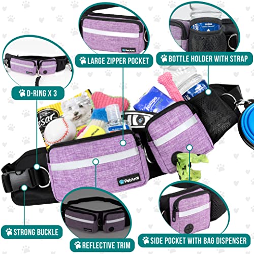 PetAmi Hands Free Dog Leash, Running Leash Belt Bag for Walking, Jogging, Waist Double Zipper Pouch with Poop Dispenser, Dual Padded Handles Reflective Bungee Single, Purple, 1 Leash - color: Purple, size: 1 Leash