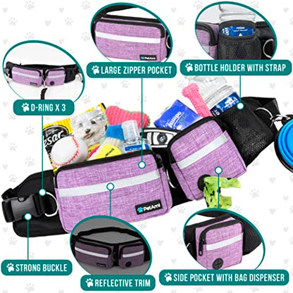 PetAmi Hands Free Dog Leash, Running Leash Belt Bag for Walking, Jogging, Waist Double Zipper Pouch with Poop Dispenser, Dual Padded Handles Reflective Bungee Double, Purple, 2 Leashes - color: Purple, size: 2 Leashes
