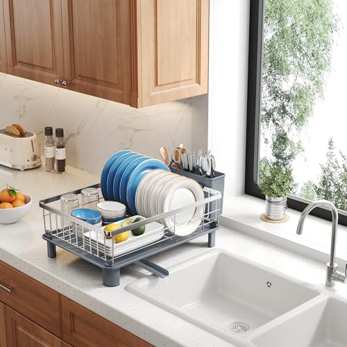 SNTD Dish Drying Rack - Small Dish Rack for Kitchen Counter, Stainless Steel Dish Drainer with Utensil Holder and Drainboard, 11" W x 15" L (Silver) - color: Silver, size: 11" W x 15" L