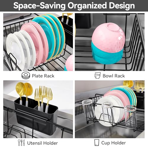 Urackify Dish Drying Rack in Sink, Stainless Steel Expandable Over the Sink Dish Rack with Utensil Holder & Cup Holder, Kitchen Drying Rack for Inside Sink, 15.35" x 11.02" x 4.84", Black - color: Black, size: Expandable - 15.35"~23.23“ x 11.02" x 4.84"