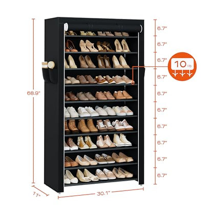 CASAMAYA Shoe Rack with Covers, 10 Tiers Tall Shoe Rack Organizer, Large Capacity Shoe Shelf Storage, Hold 30 Pairs of Shoes, Vertical Shoe Storage Organizer for Closet, Entryway, Black, SRT103B01 - size: 24.8"W - 10 Tier