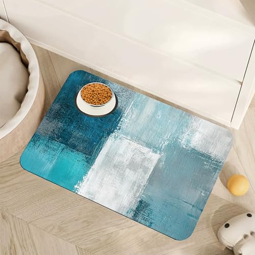 Turquoise Grey Dog Cat Food Mat,Teal Modern Art Absorbent Pet Feeding Mat for Food and Water,Non-Slip Dog Bowl Mats Floor Protector 12"x20" - color: Turquoise Grey Teal Modern Art, size: 12"×20"