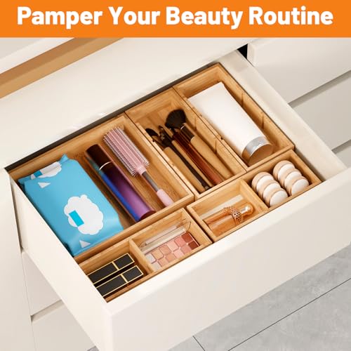 SpaceWhisper Bamboo Drawer Organizer, 5-Piece Drawer Divider with Removable Dividers for Organization and Storage, Multi-Use Stackable Storage Box & Utensil Holder for Kitchen, Office, Makeup & More