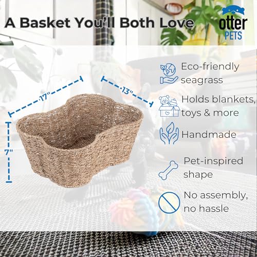 OtterPets Dog Toy Basket, Bone Shaped Dog Toy Bin, Handmade Pet Organizer And Storage, Toy Box for Cats, (17x13 Seagrass) - size: Medium (17x13")